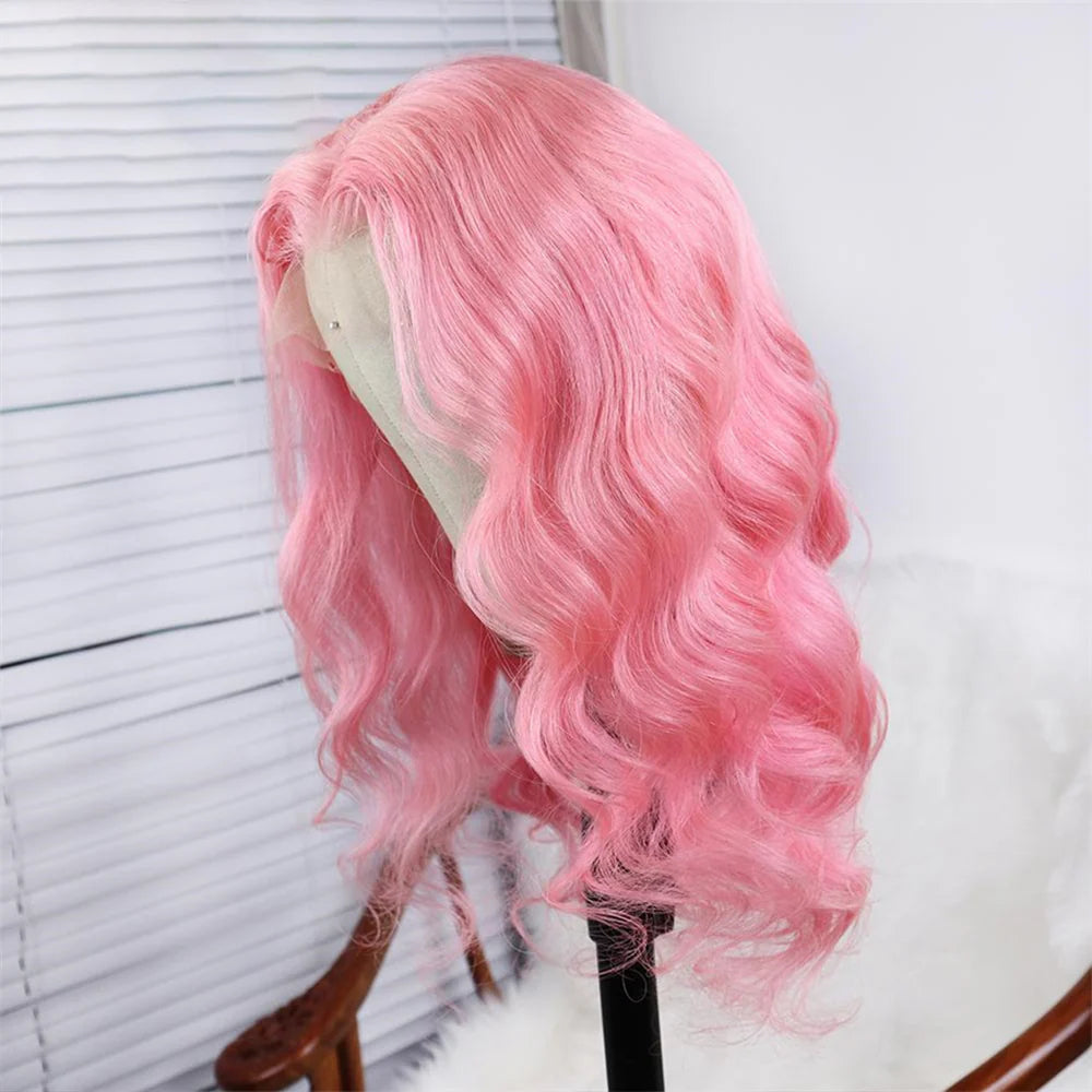 DBO MALL Pink Wig Body Wave Human Hair Wig with 13x4 Lace Frontal