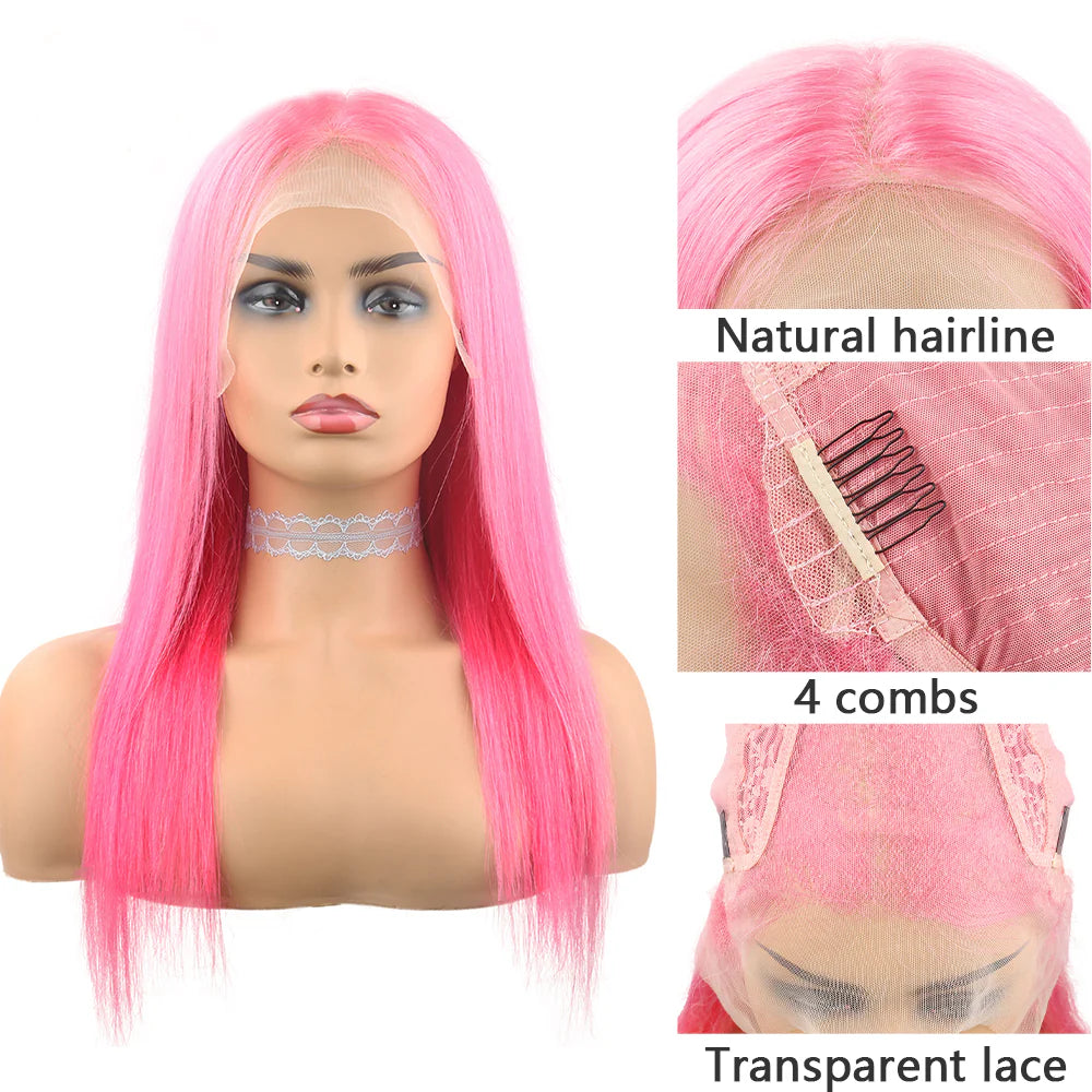 DBO MALL Pink Wig Body Wave Human Hair Wig with 13x4 Lace Frontal