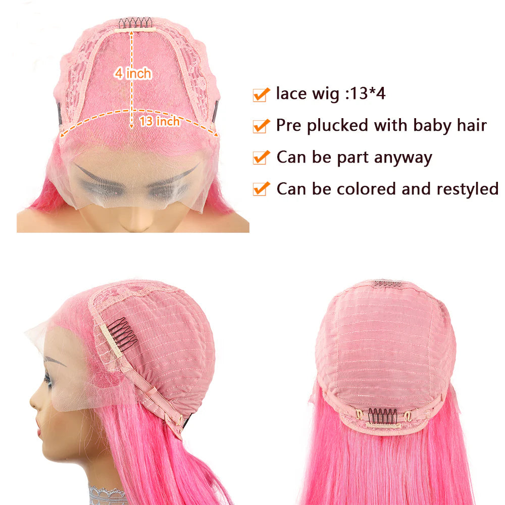 DBO MALL Pink Wig Body Wave Human Hair Wig with 13x4 Lace Frontal