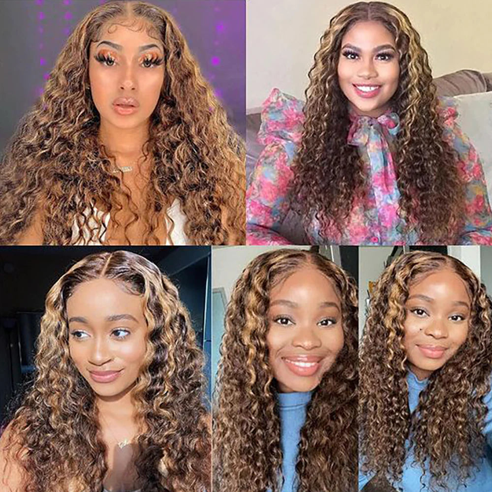 DBO MALL Highlight Wig Deep Wave Human Hair Wig with 13x4 Lace Frontal