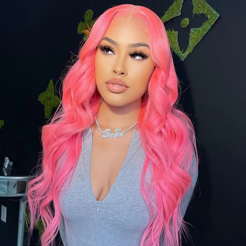 DBO MALL Pink Wig Body Wave Human Hair Wig with 13x4 Lace Frontal