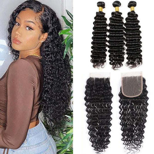 DBO MALL Virgin Deep Wave Hair 3 Bündel mit 4x4 Spitzenverschluss