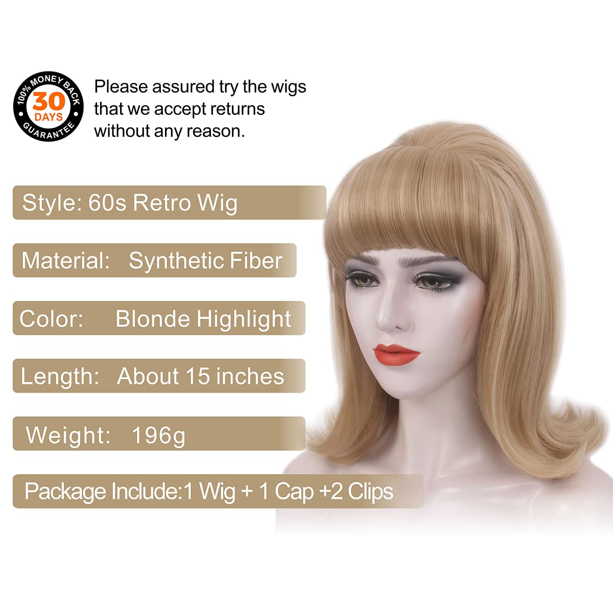 DBO MALL n GF-W5384#24HT0915  Blonde Beehive Wig With Bangs 50's Flip Wig For Women 60s 70s Party Costume Cosplay Halloween