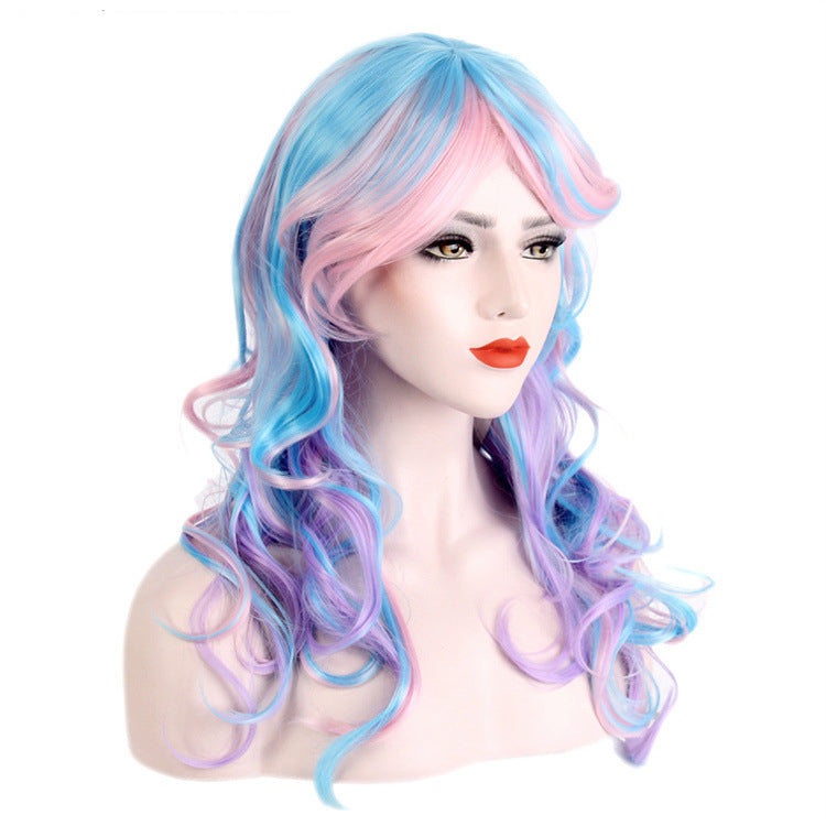 DBO MALL GF-W3582$G436 Glatte Länge, 27,6 Zoll, Perücke, gemischte Farben, langes lockiges gewelltes Haar, Cosplay-Party-Kostümperücke für Frauen und Mädchen (blau, lila) 