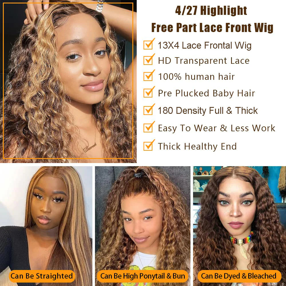 DBO MALL Highlight Wig Deep Wave Human Hair Wig with 13x4 Lace Frontal