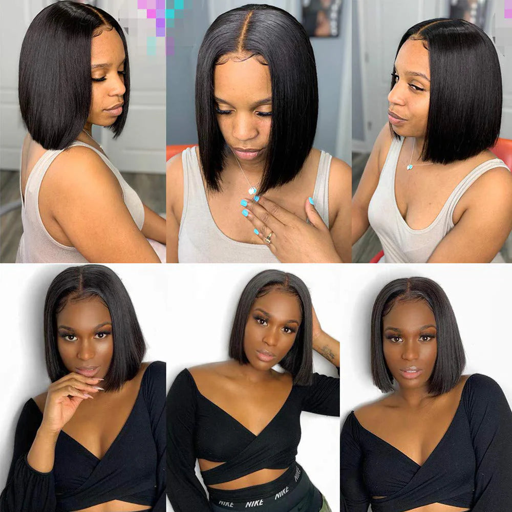 DBO MALL Straight Human Hair Bob Wig with 4X4 Lace Closure