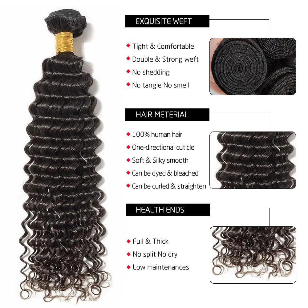 DBO MALL Virgin Deep Wave Hair 3 Bundles with 4x4 Lace Closure