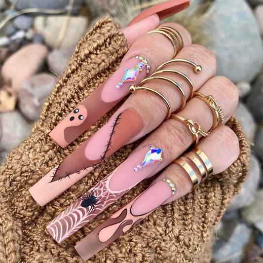 DBO Purl Hand Made Press on Nails Medium Long Rhinestone Pink Fake Nails Square Bling Glossy 3D Flower Artificial Nails # 96-35