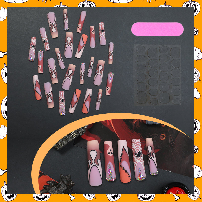 DBO Purl Hand Made Press on Nails Medium Long Rhinestone Pink Fake Nails Square Bling Glossy 3D Flower Artificial Nails # 96-35