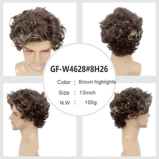 DBO MALL GF-W4628#8H26 Men Wigs Dark Brown Short Curly Layered Cosplay Halloween Character Costume Wig