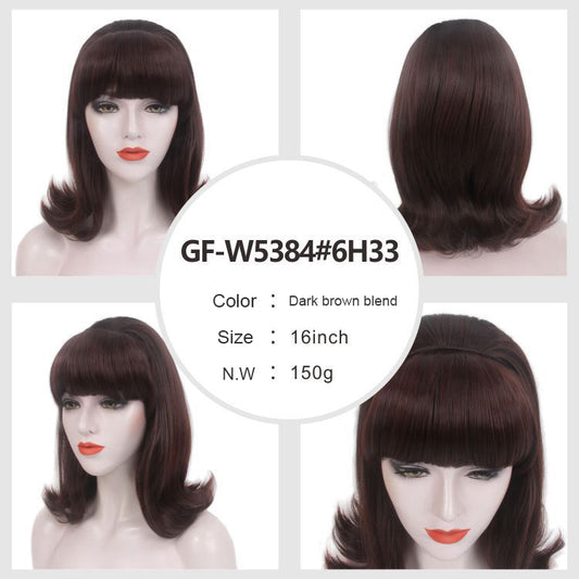 DBO MALL GF-W5384#6H33 Kurze gewellte dunkelbraune Schokoladenperücke mit Pony, große, toupierte Beehive-Perücke 